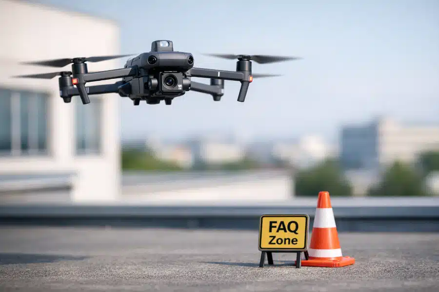 FAQ ZONE Drone professionnel réalisant une inspection aérienne : prestations drone, sécurité, thermographie, photogrammétrie et interventions AeroTech Prime en Nouvelle‑Aquitaine.